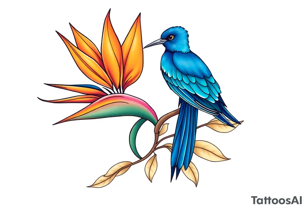 Bird of paradise flower with blue bird tattoo idea