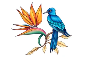 Bird of paradise flower with blue bird tattoo idea