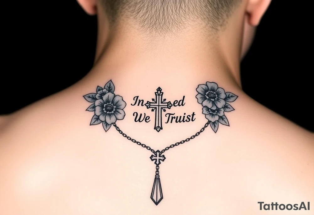 Necklace Rosary with flowers around the words of "In God We Trust " tattoo idea