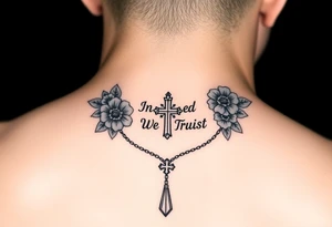 Necklace Rosary with flowers around the words of "In God We Trust " tattoo idea