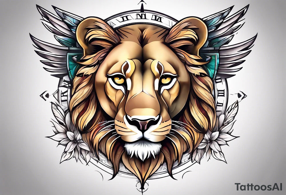Lioness with wings compass tattoo idea