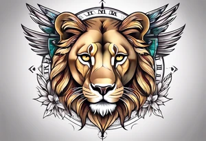 Lioness with wings compass tattoo idea