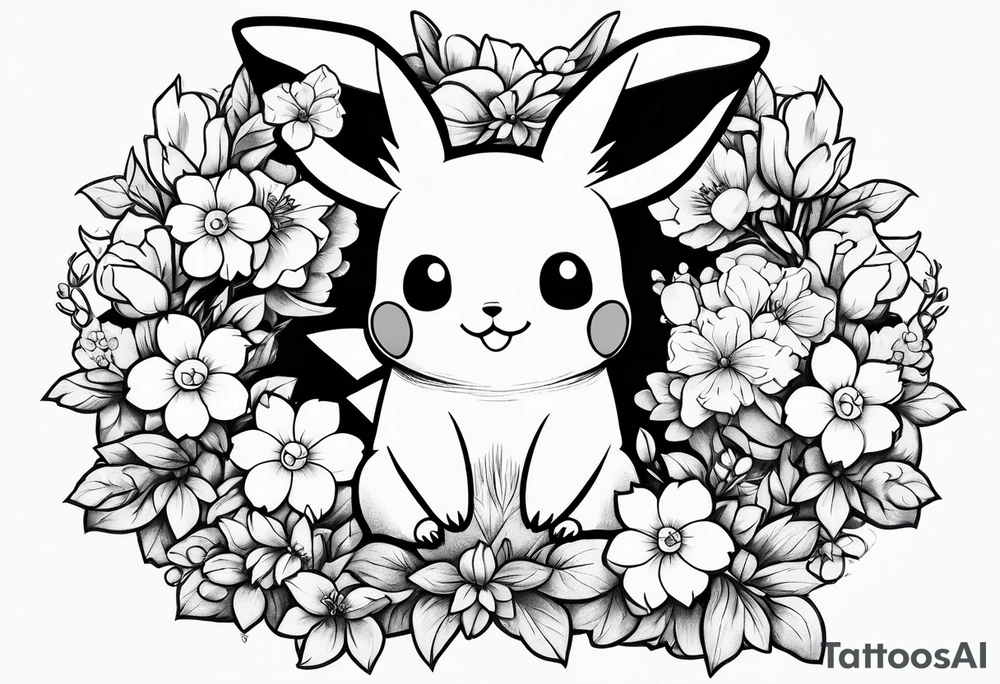 A loose bouquet of forget me knots and cute pikachu at the bottom holding them tattoo idea