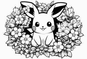 A loose bouquet of forget me knots and cute pikachu at the bottom holding them tattoo idea