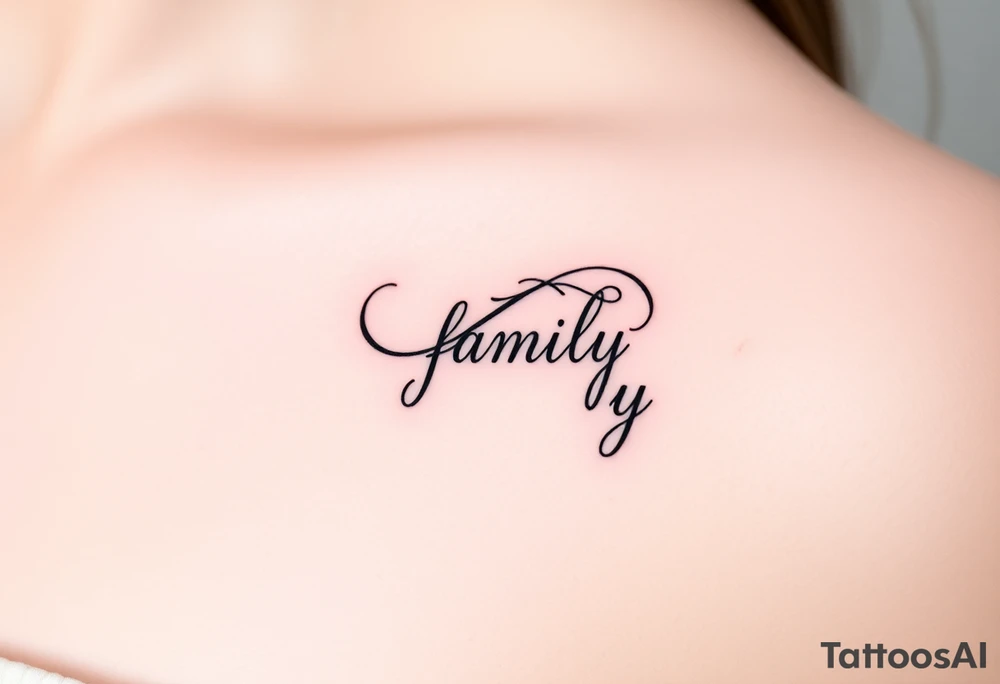 A flowing infinity symbol intertwined with the word "family" written in elegant cursive tattoo idea