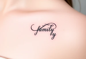 A flowing infinity symbol intertwined with the word "family" written in elegant cursive tattoo idea