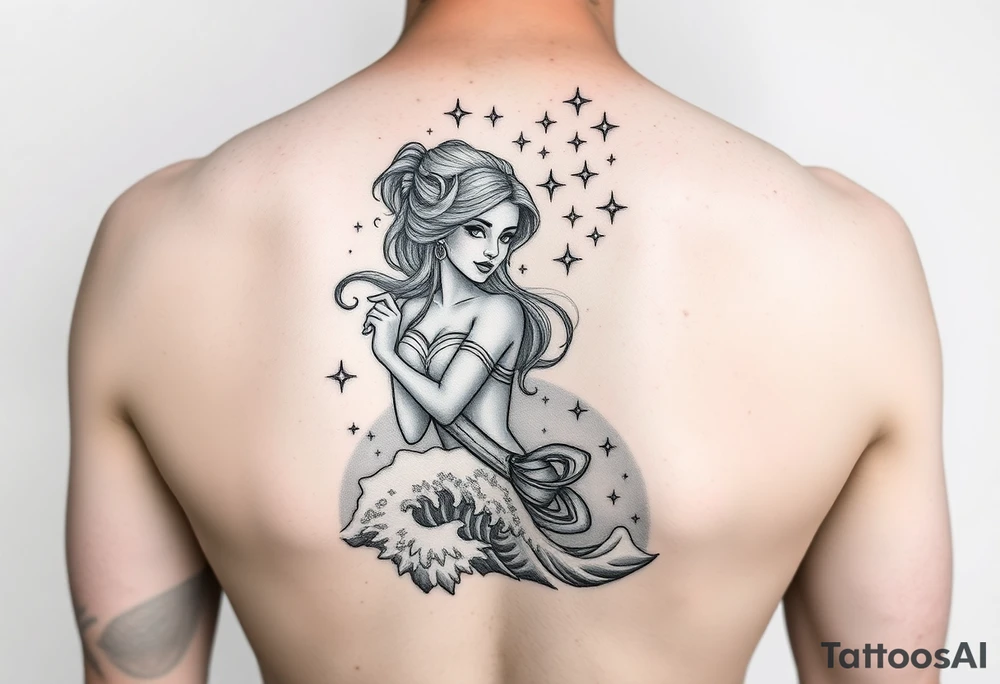 Jasmine on inner four arm with waves and stars in the background tattoo idea