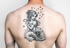 Jasmine on inner four arm with waves and stars in the background tattoo idea
