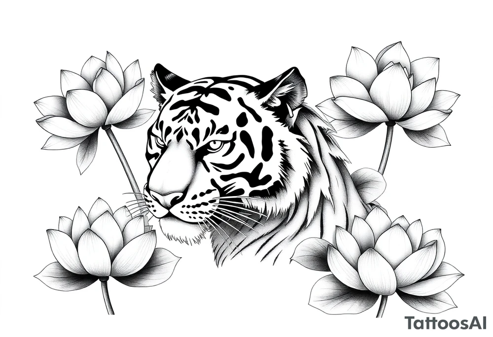 fierce tiger emerging through blooming lotus flowers in mist tattoo idea