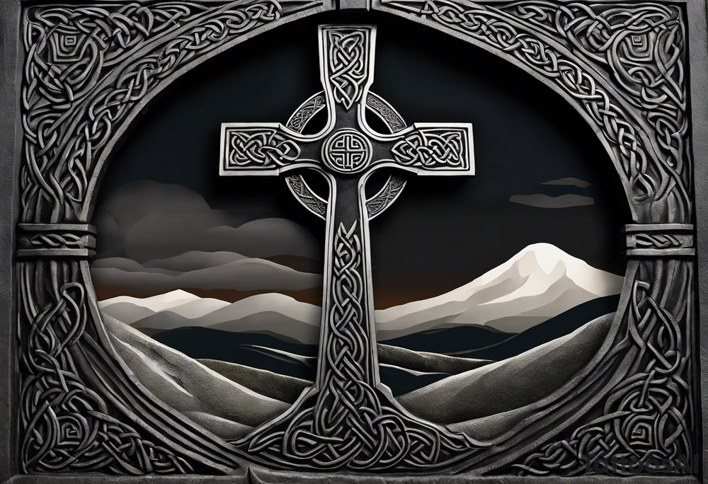 A monochromatic scene dominated by the presence of a stone Celtic cross standing tall and solemn atop a hill. The cross is intricately carved with intertwining knots and spirals, typical of the Celtic art style. Its blackened surface is weathered and worn, accentuating its age and the enduring strength of its presence. Beside the cross, a crumbling stone wall runs down the hill, its broken remains a testament to the passage of time and the inevitable effects of nature's forces. At the base of the cross, a raven perched on its arm, its ebony feathers contrasting starkly against the white stone. The bird's head is cocked to the side, as if observing the landscape below with a curious gaze. The background is dominated by rolling hills and misty mountains in the distance, creating a sense of isolation and timelessness. The sky above is cloudy and overcast, adding to the somber atmosphere of the scene. tattoo idea