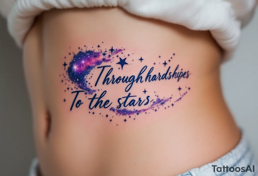 The quote “Through hardships To the stars” flows in navy ink around a violet galaxy, etched along the ribs. tattoo idea