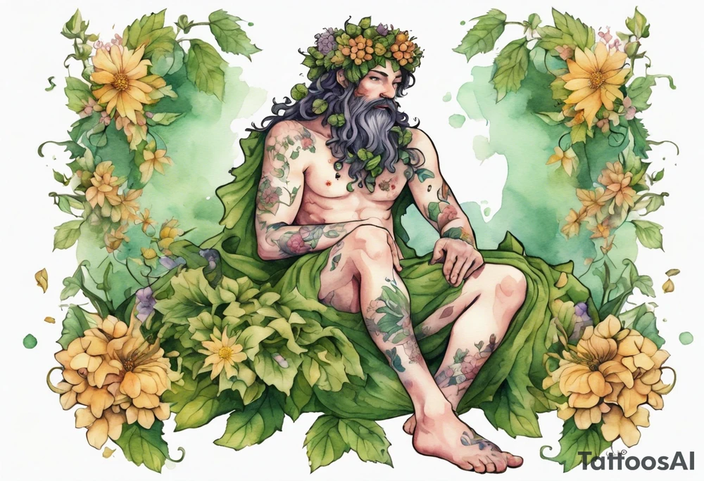 Dionysus covered in flowers and leaves wearing mossy slippers tattoo idea