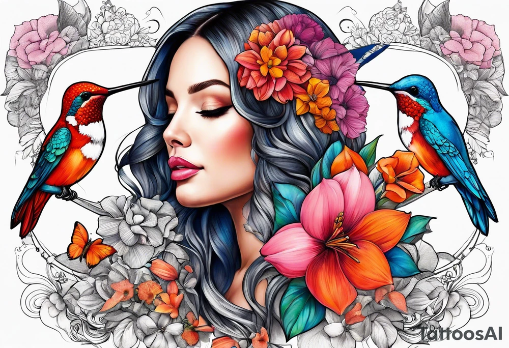 hummingbird, lady face, flowers, bold color, collage, pink, orange, red, hot air balloon, blue whale tattoo idea