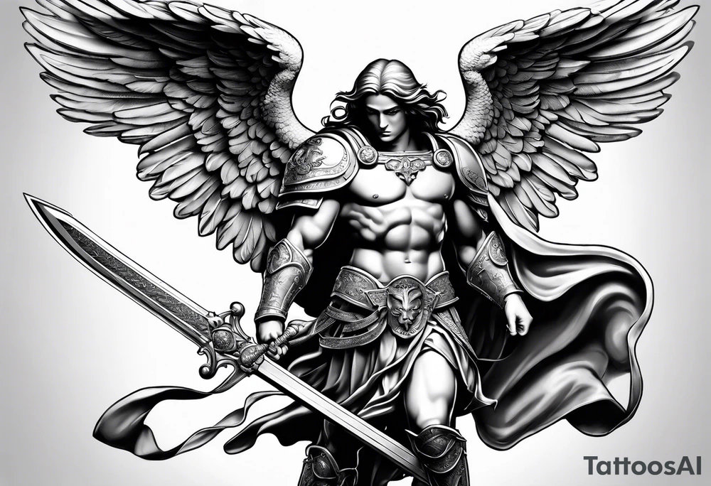 full body saint michael holding a sword tattoo idea
