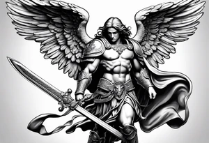 full body saint michael holding a sword tattoo idea
