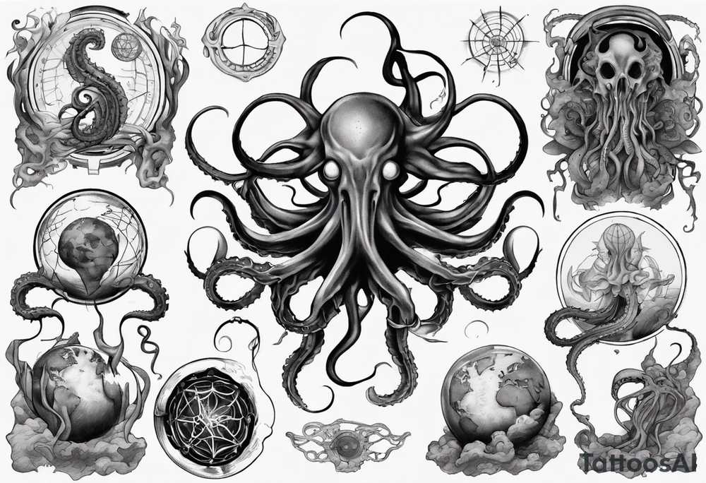 a tattoo on the theme of lovecraft, with tentacles that embrace the earth tattoo idea