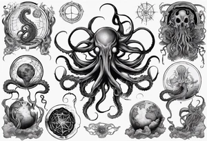 a tattoo on the theme of lovecraft, with tentacles that embrace the earth tattoo idea