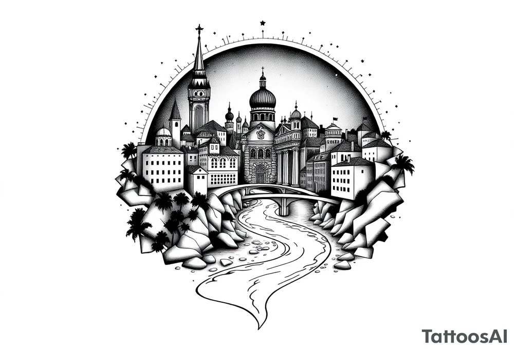 Magical city with river and bridge tattoo idea