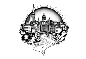 Magical city with river and bridge tattoo idea