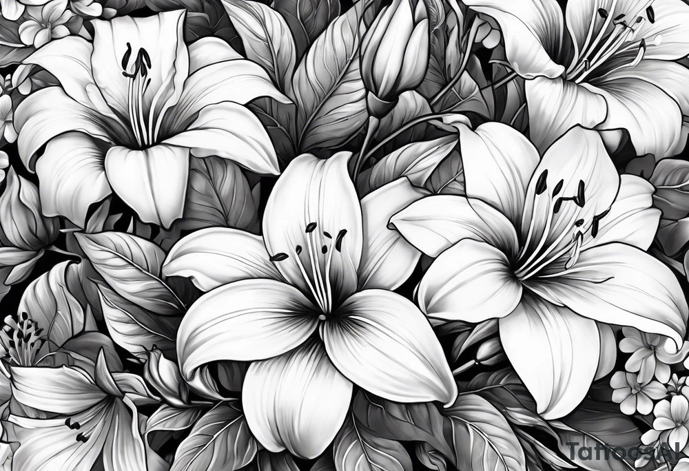 Lillies, roses, morning glories, chrysanthemums tattoo idea