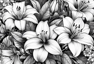 Lillies, roses, morning glories, chrysanthemums tattoo idea