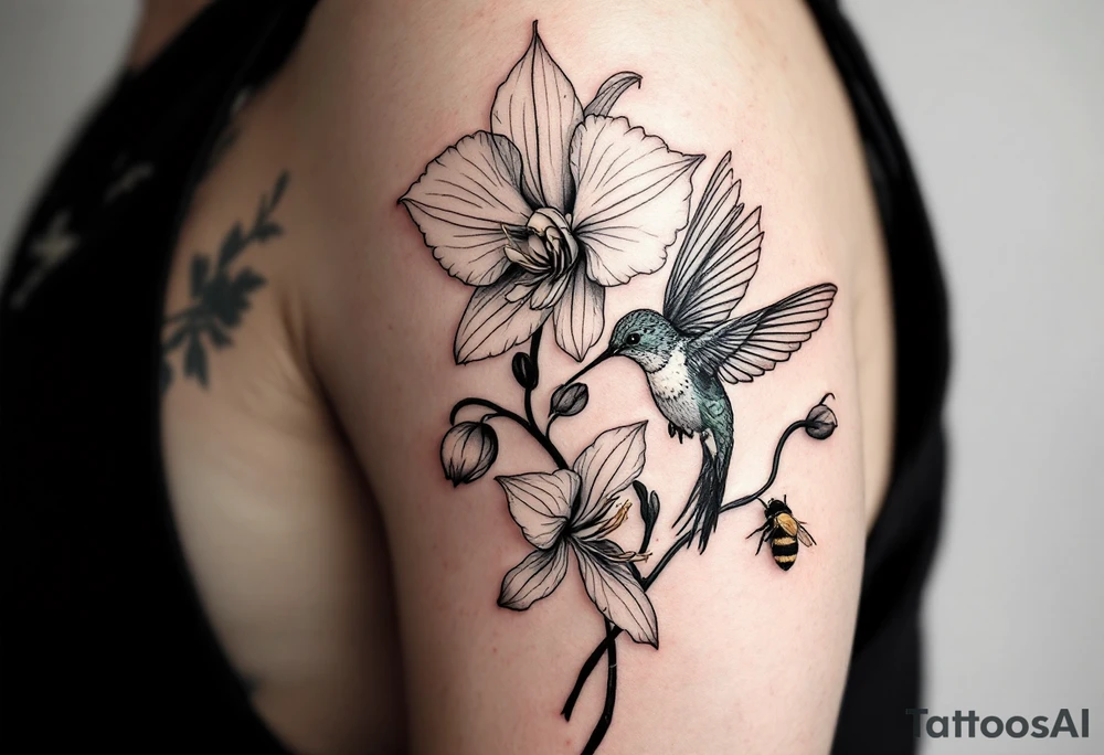 A delicate, black and white fine-line tattoo for male, featuring gracefully detailed 2 orchids in full bloom including their stems, with soft, intricate petals and elegant curves. Beside it, a hummingbird hovers mid-flight, its wings drawn with subtle motion lines, its slender beak reaching toward the orchid’s center to drink its nectar. on the other flower there is a bee that is resting tattoo idea