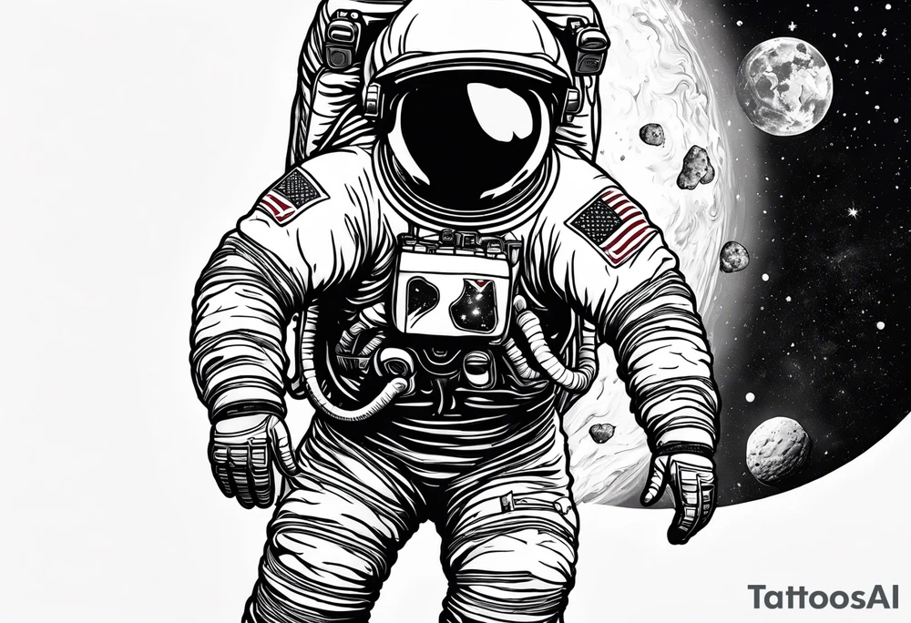a picture of an astronaut dipping a chicken nugget in sauce while floating in space showing the full body tattoo idea