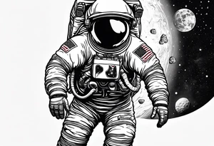 a picture of an astronaut dipping a chicken nugget in sauce while floating in space showing the full body tattoo idea