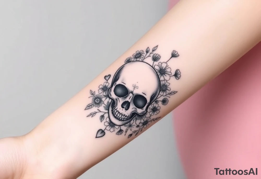 Pretty skull surrounded by wildflowers and hearts tattoo idea