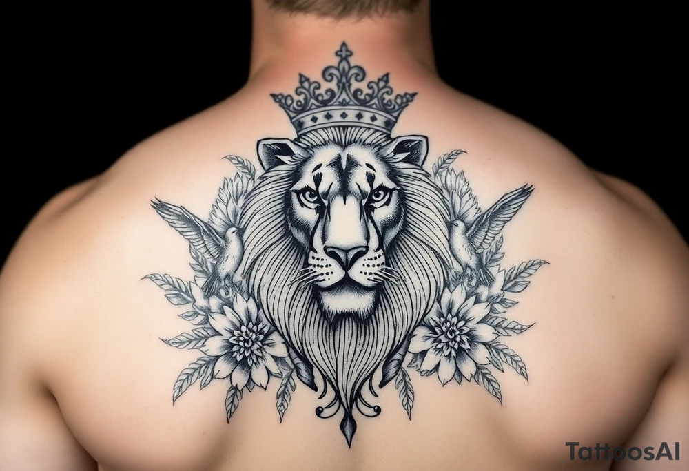 powerful majestic lion with a crown, surrounded by floral ornaments and birds tattoo idea