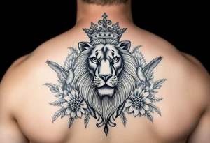 powerful majestic lion with a crown, surrounded by floral ornaments and birds tattoo idea