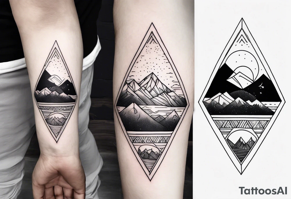 A simple tattoo with mountains and sun in fine line triangles with quote Memento Vivere tattoo idea