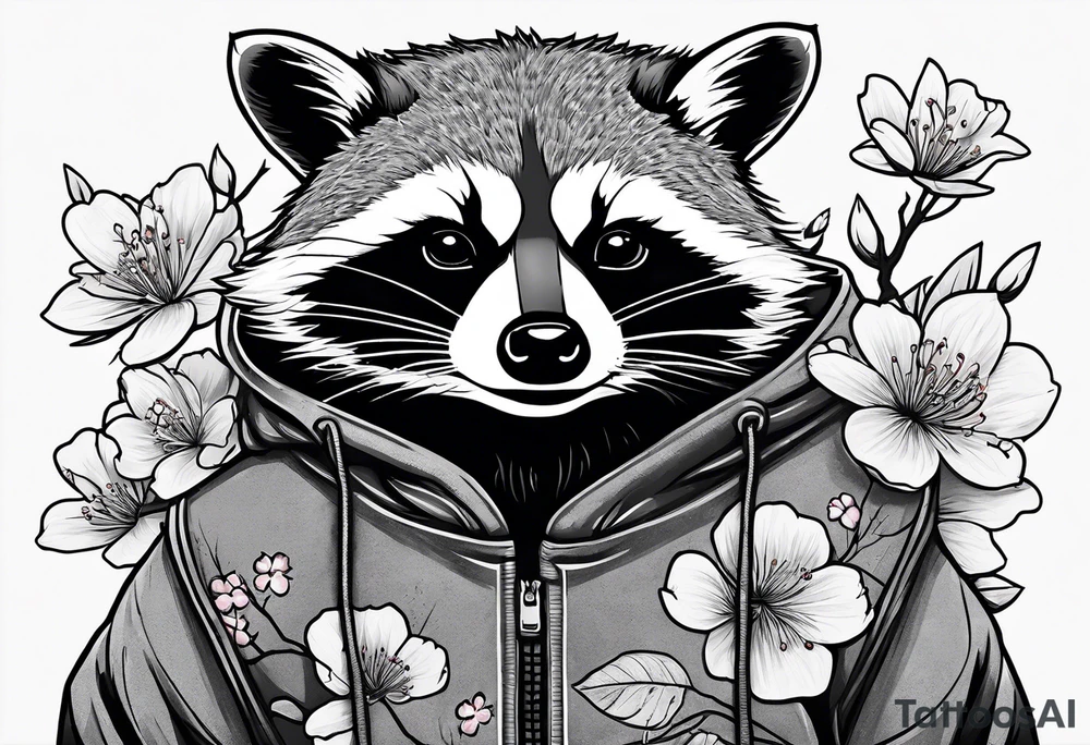Raccoon wearing a Superman hoodie and Japanese cherry blossoms tattoo idea