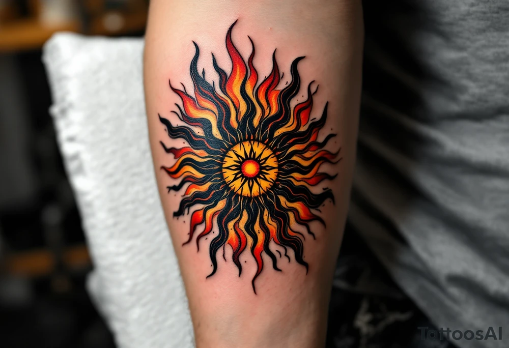 The fiery blend of red, yellow, and black in this Celtic sun tattoo creates a tribal blaze on the thigh. tattoo idea