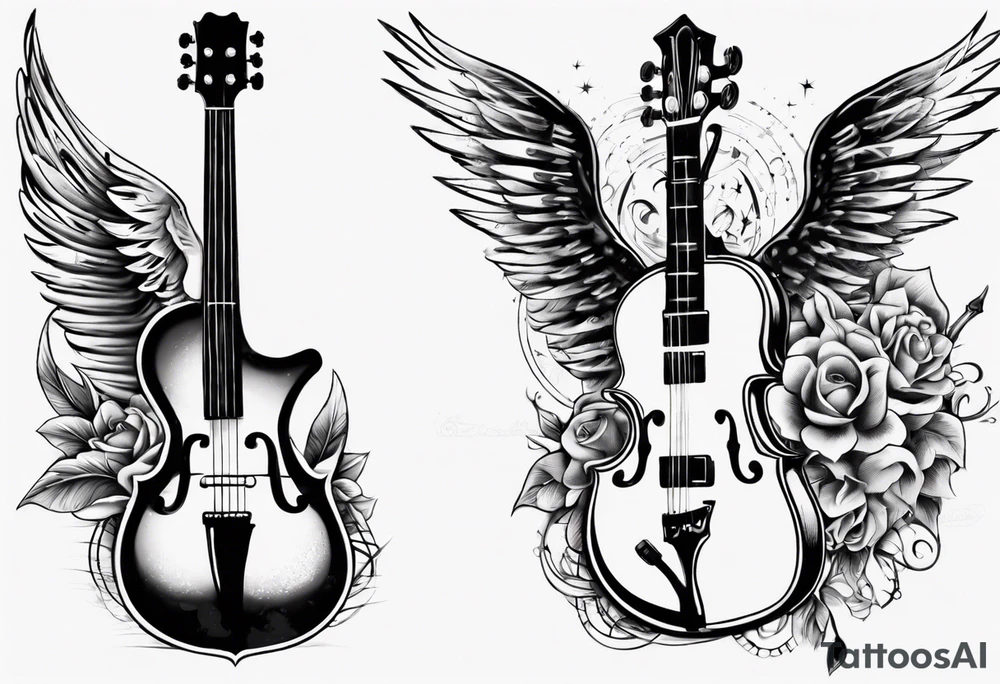 GUITAR AND VIOLIN LEANING AGAINST EACH OTHER
WITH ANGLE WINGS tattoo idea