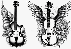 GUITAR AND VIOLIN LEANING AGAINST EACH OTHER 
WITH ANGLE WINGS tattoo idea