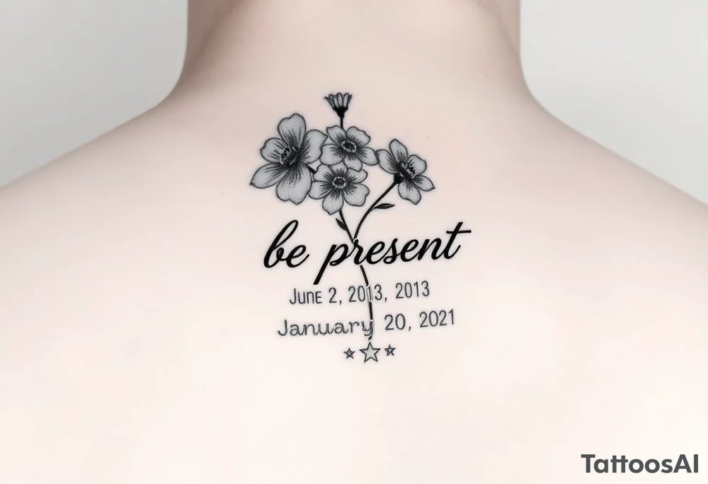 Enso ring with flowers and a stem with writing in cursive that says be present. Incorporate the dates June 2, 2013, March 2, 2016, and January 20, 2021. Also include three stars. tattoo idea