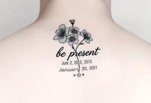 Enso ring with flowers and a stem with writing in cursive that says be present. Incorporate the dates June 2, 2013, March 2, 2016, and January 20, 2021. Also include three stars. tattoo idea
