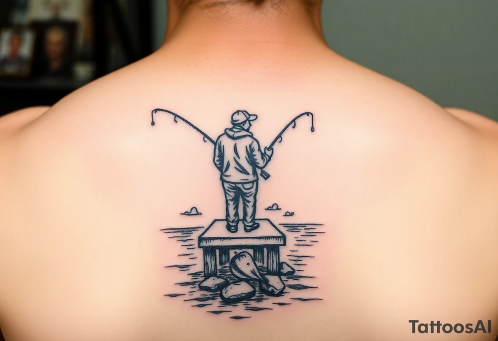 Fisherman on a pier surrounded by nature, colorful tattoo idea Fisherman on a pier surrounded by nature, colorful tattoo idea