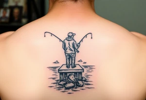 Fisherman on a pier surrounded by nature, colorful tattoo idea