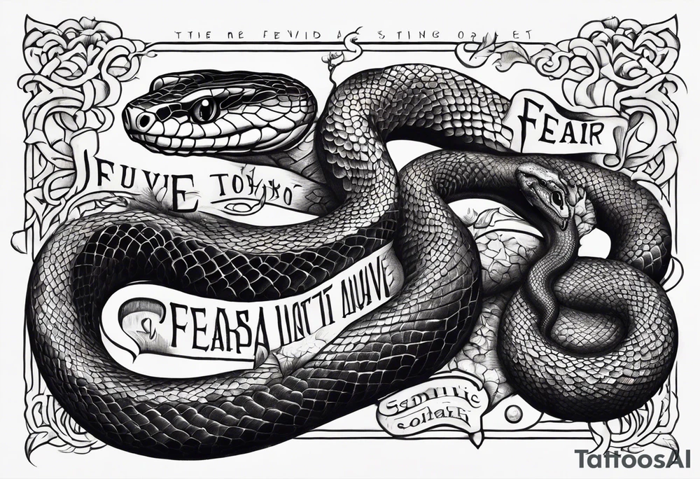 A snake that has text along its' body saying something about conquering fear tattoo idea