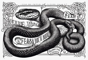 A snake that has text along its' body saying something about conquering fear tattoo idea