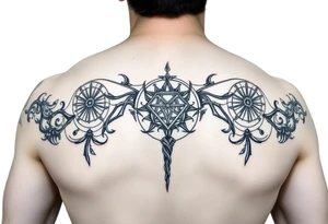 Norse sleeve tattoo which include web of wyrd, ÆGISHJÁLMR, Vegvisir, Yggdrasil, tattoo idea