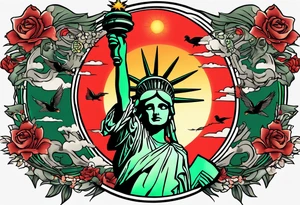 the statue of liberty with a skull for a face, and green dollar signs for eyes, with a red sun behind it with birds flying towards it tattoo idea