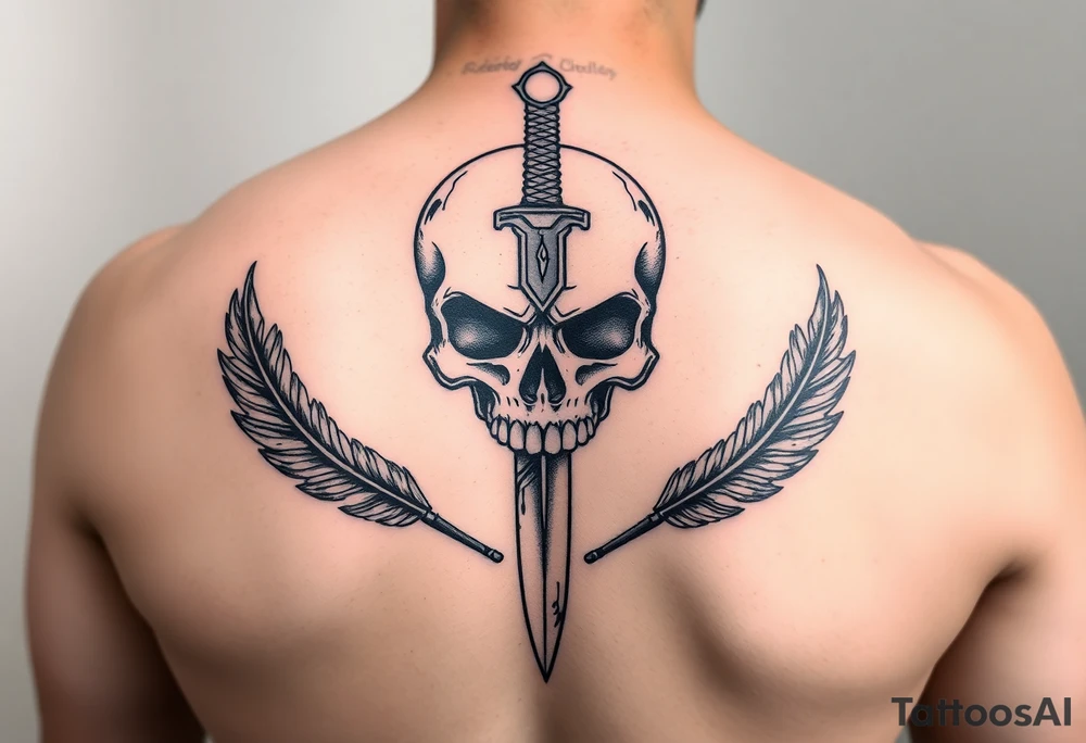 Half sleeve skull design with dagger and feathers tattoo idea