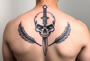 Half sleeve skull design with dagger and feathers tattoo idea