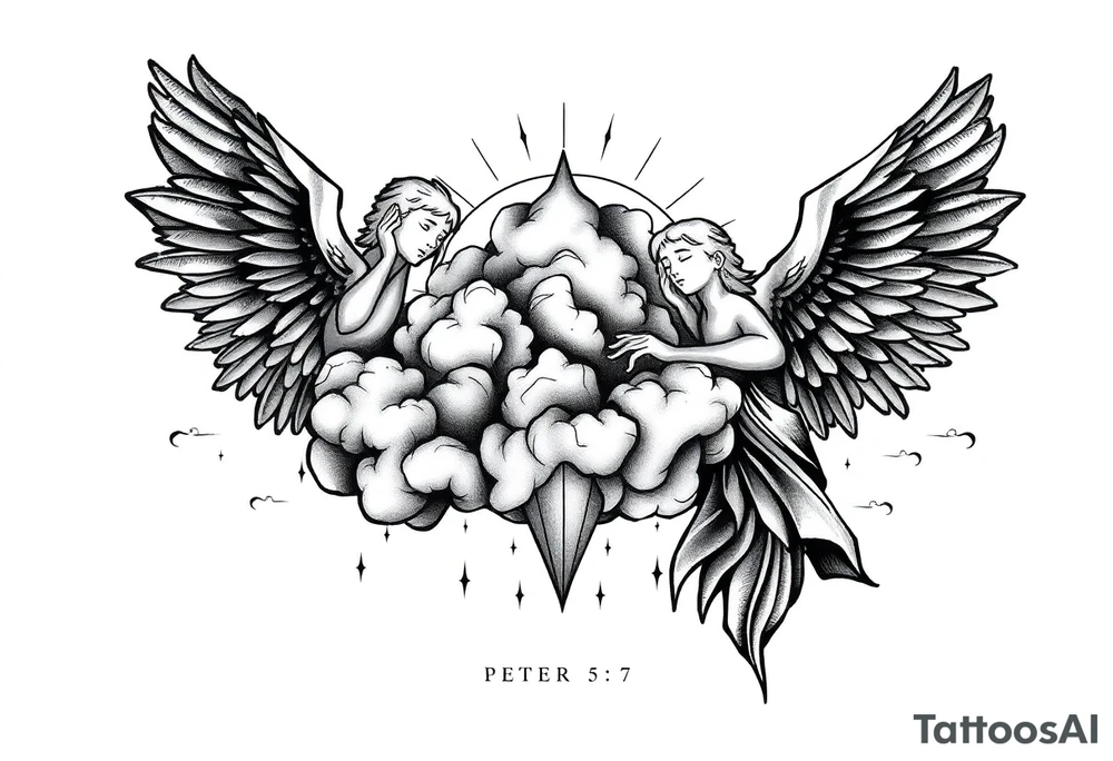 cast all your anxiety on him because he cares for you"  1 peter 5:7 with clouds and angels tattoo idea