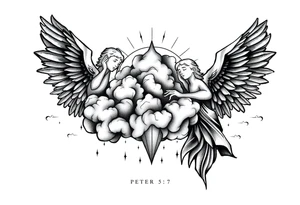 cast all your anxiety on him because he cares for you"  1 peter 5:7 with clouds and angels tattoo idea