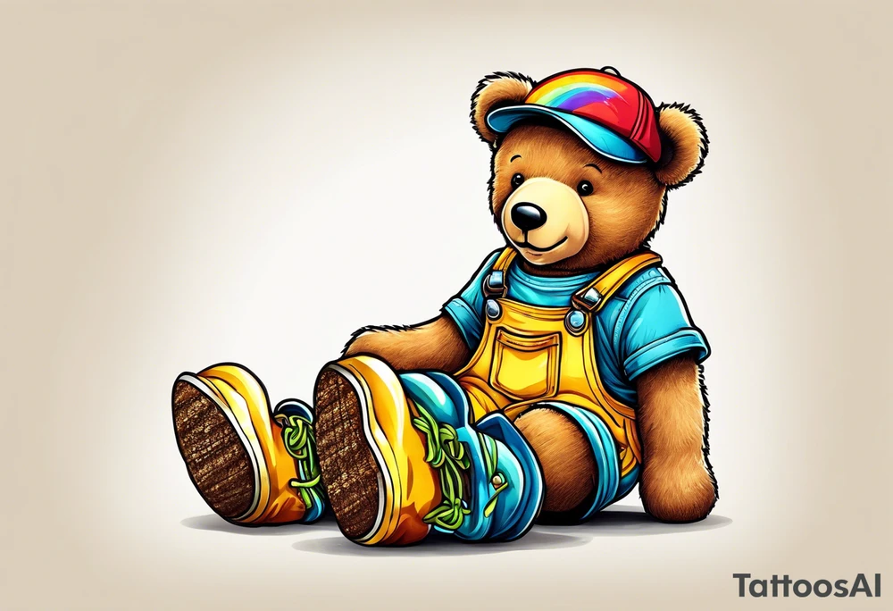 A light brown teddy bear in yellow overalls, wearing rainbow colored roller skates tattoo idea