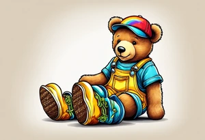 A light brown teddy bear in yellow overalls, wearing rainbow colored roller skates tattoo idea